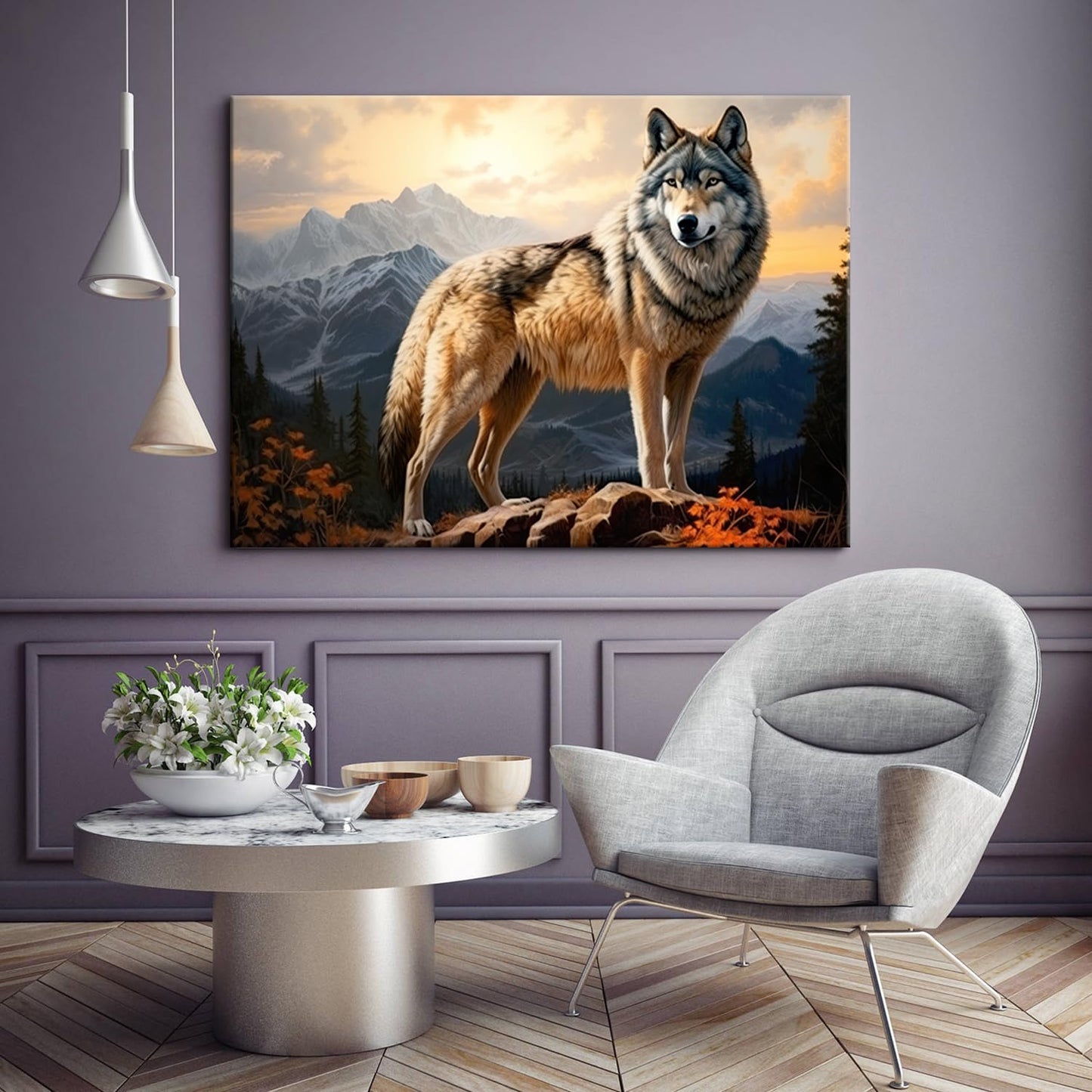 Wolf Wall Art Canvas Wolf in the Mountains Wildlife Landscape Forest Rocky Poster Artwork Framed Modern Home Office Bathroom Living Room Decor