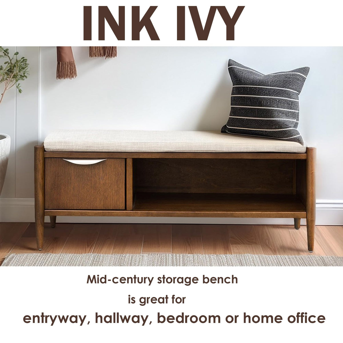 Ink+Ivy Arcadia Entryway Accent Bench with Shelf Shoe Rack, Padded Seating Bench for Living Room, Modern Compact Bed End Bench with Storage for Bedroom Seating, Removable Cushion, 42" W, Walnut Brown