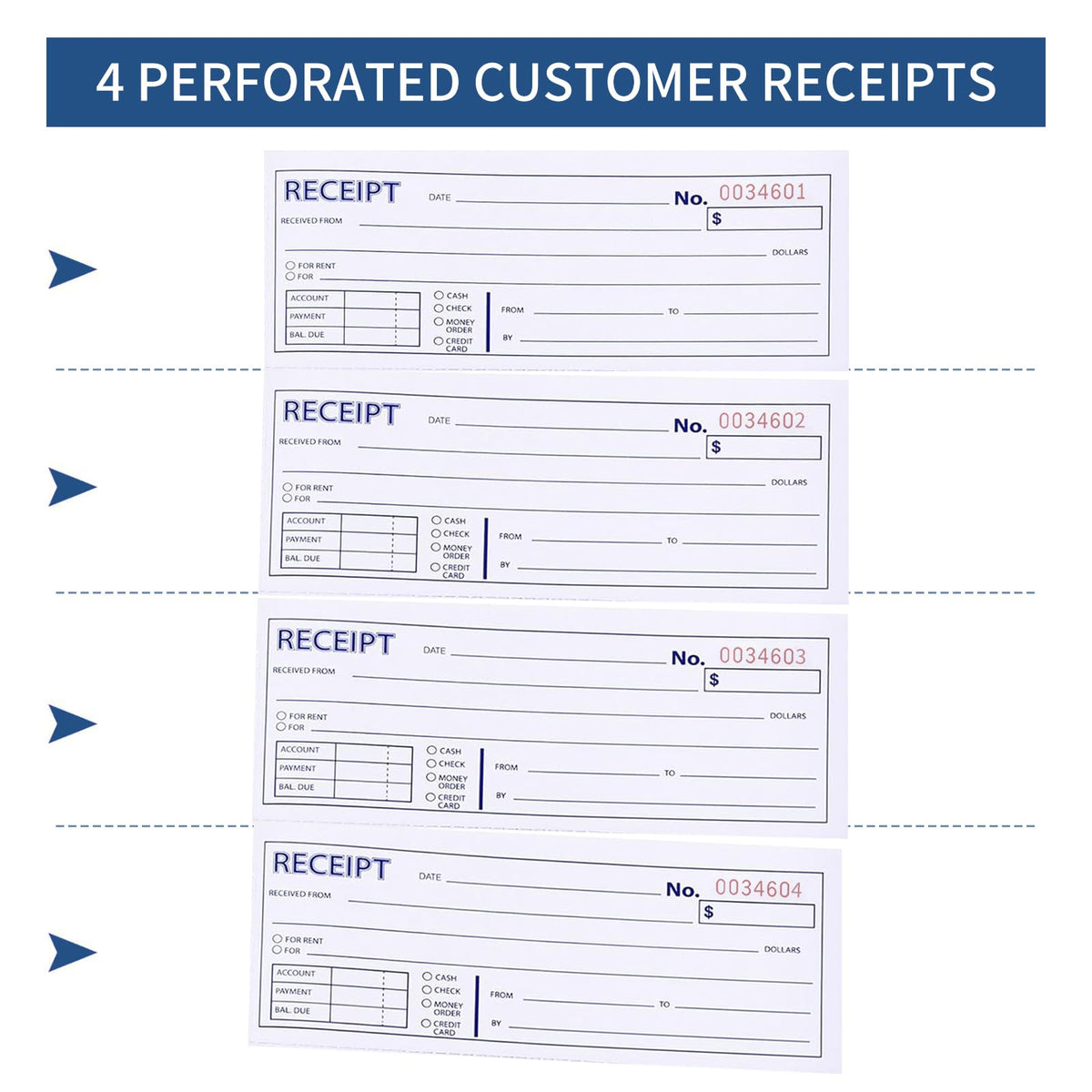 6 Pack Large Money and Rent Receipt Books with Cardboard Insert,7-5/8" x 10-7/8" Spiral Bound,3 Part Carbonless,100 Sets per Book,4 Receipts Per Page for Rent and Cash Transaction