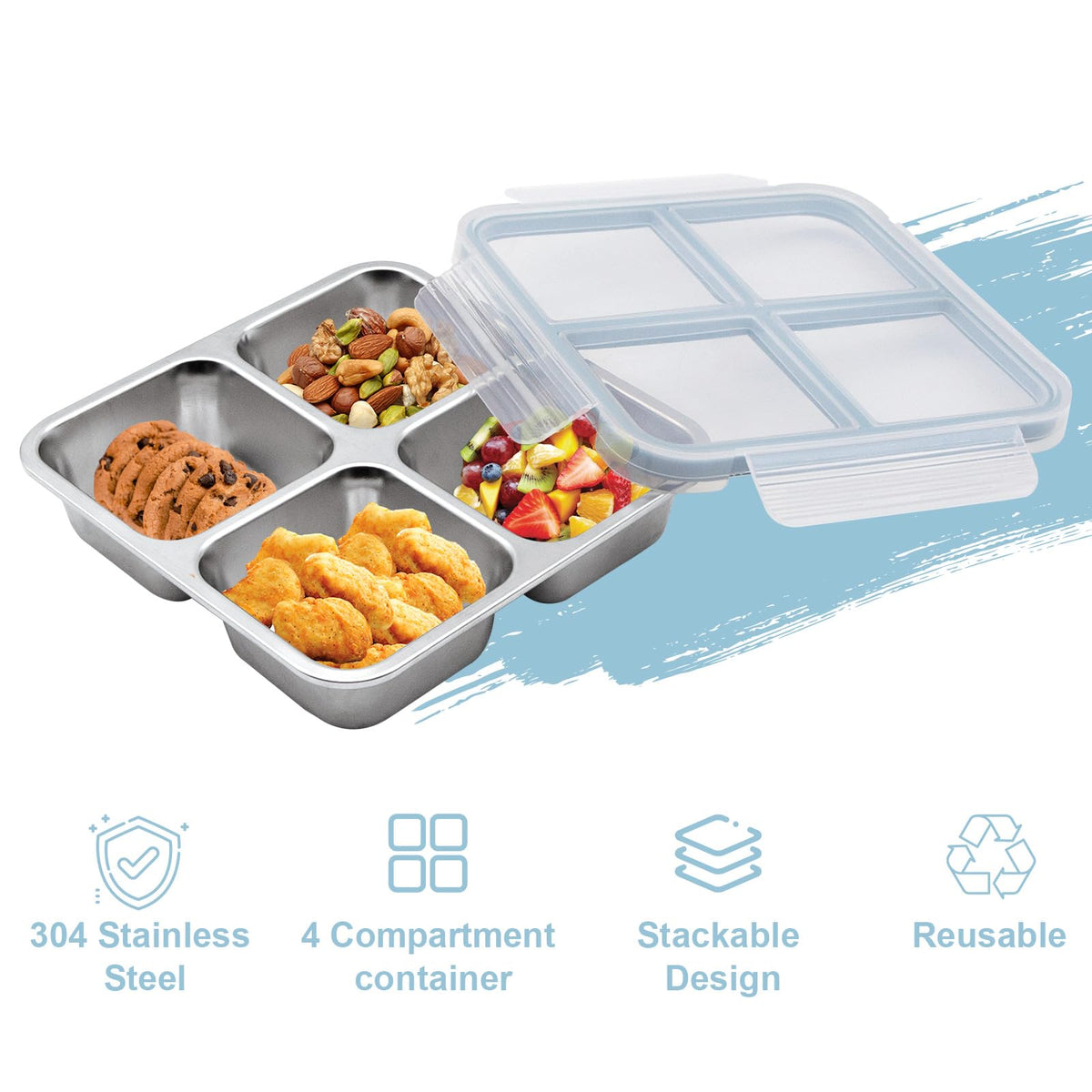 Luriseminger 3 Pack Stainless Steel Bento Lunch Box, 4 Compartment Snack Containers, Divided Meal Prep Lunch Containers, Food Storage Containers For Work and Travel