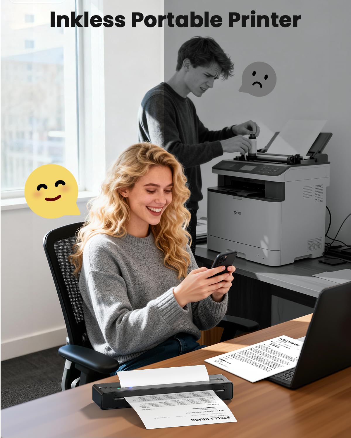 TATTMUSE Inkless Portable Printers Wireless for Travel, Small Thermal Printer Compatible with iPhone Laptop, Bluetooth Mobile Printer for School/Office/Home Use Support 8.5" X 11" Thermal Paper