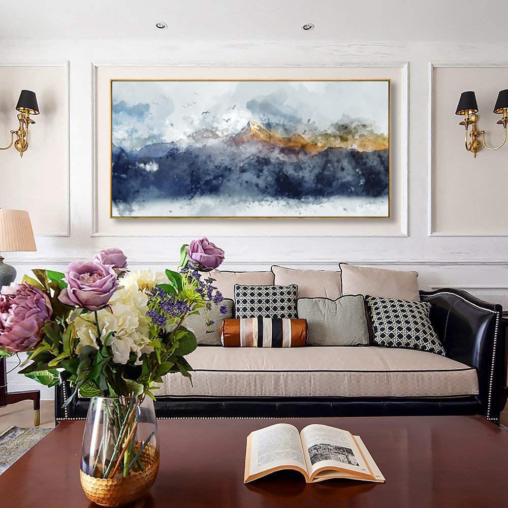 vgrozirh Framed Ready to Hang Wall Art Blue Clouds Yellow Mountain Peaks Indigo Ink Abstract Mountain Landscape Artwork Canvas Painting Prints for Living Room Bedroom Office Large Decor 24"x48"