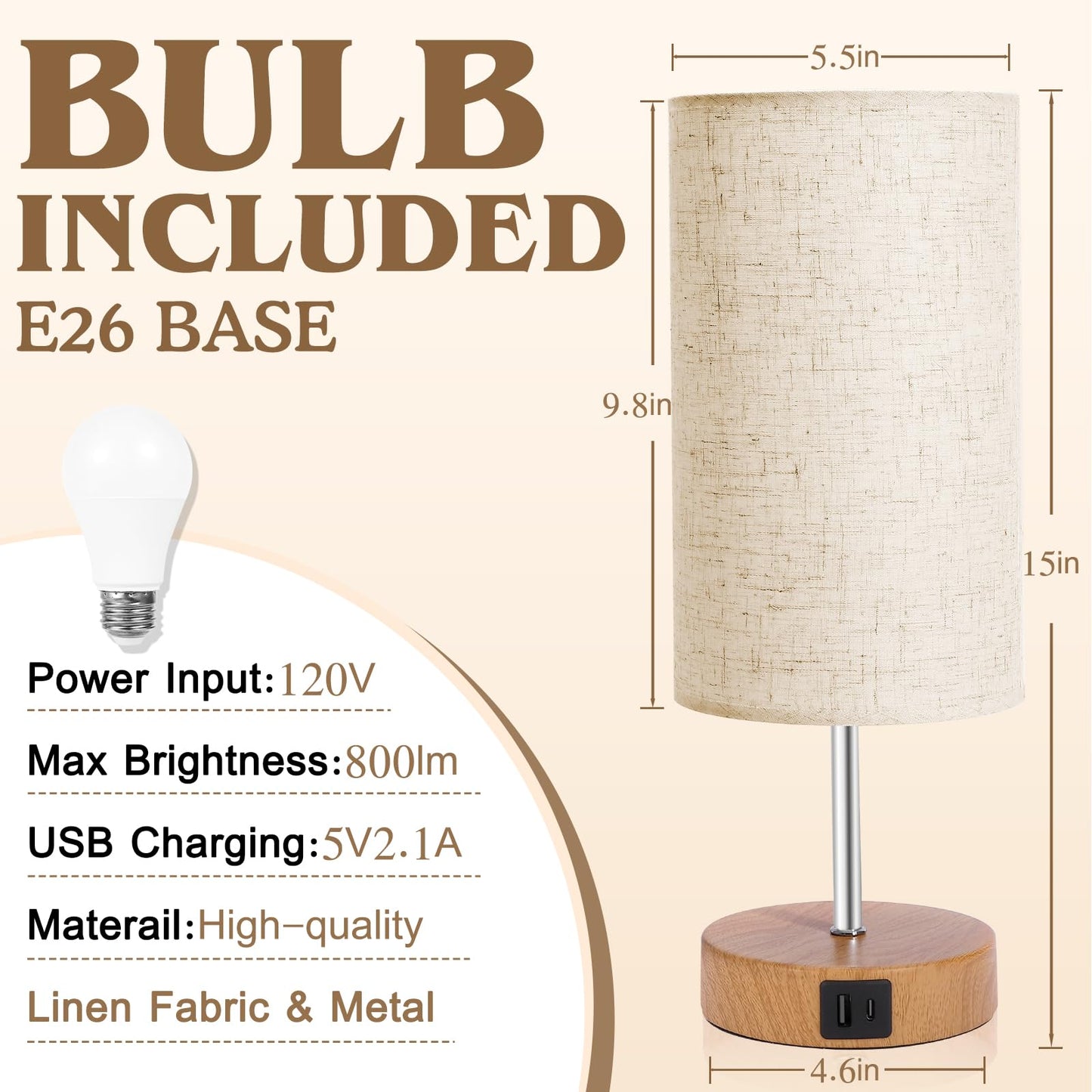 UNIFUN Touch Control Bedside Table Lamp with USB-C Charging Ports, 4-Way Dimmable Nightstand Lamp with Wood Base & Fabric Shade for Bedroom Living Room