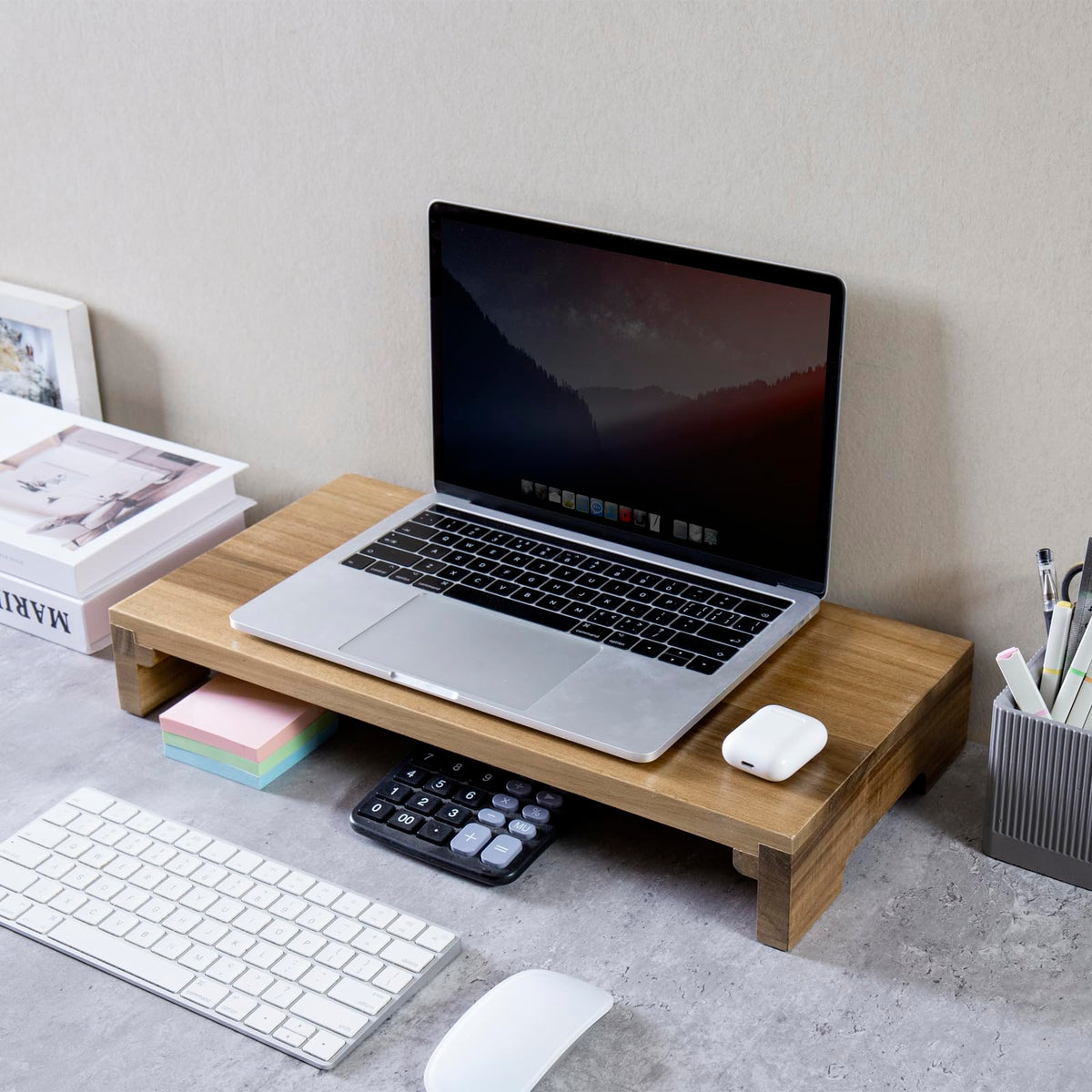 MyGift Premium Acacia Solid Wood Desk Monitor Stand, Laptop Riser & Keyboard Storage – Wooden Desktop Organizer for Screen Display and Workspace Organization
