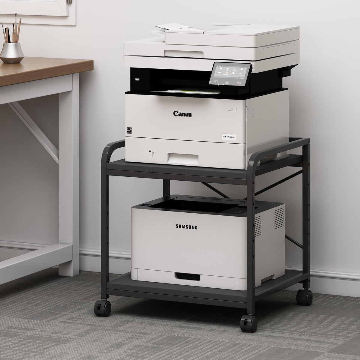 Fannova 2 Tier Under Desk Printer Stand with Storage, 20 Inches Deep Large Printer Table with Height Adjustable Shelf, Rolling Printer Cart with Wheels for Home Office - Black