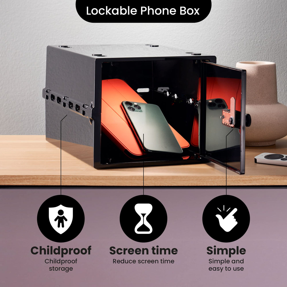 Lockabox One™ | Compact and Hygienic Lockable Storage Box for Food, Medicines, Tech and Home Safety | One Size 12 x 8 x 6.6 inches externally (Jet)