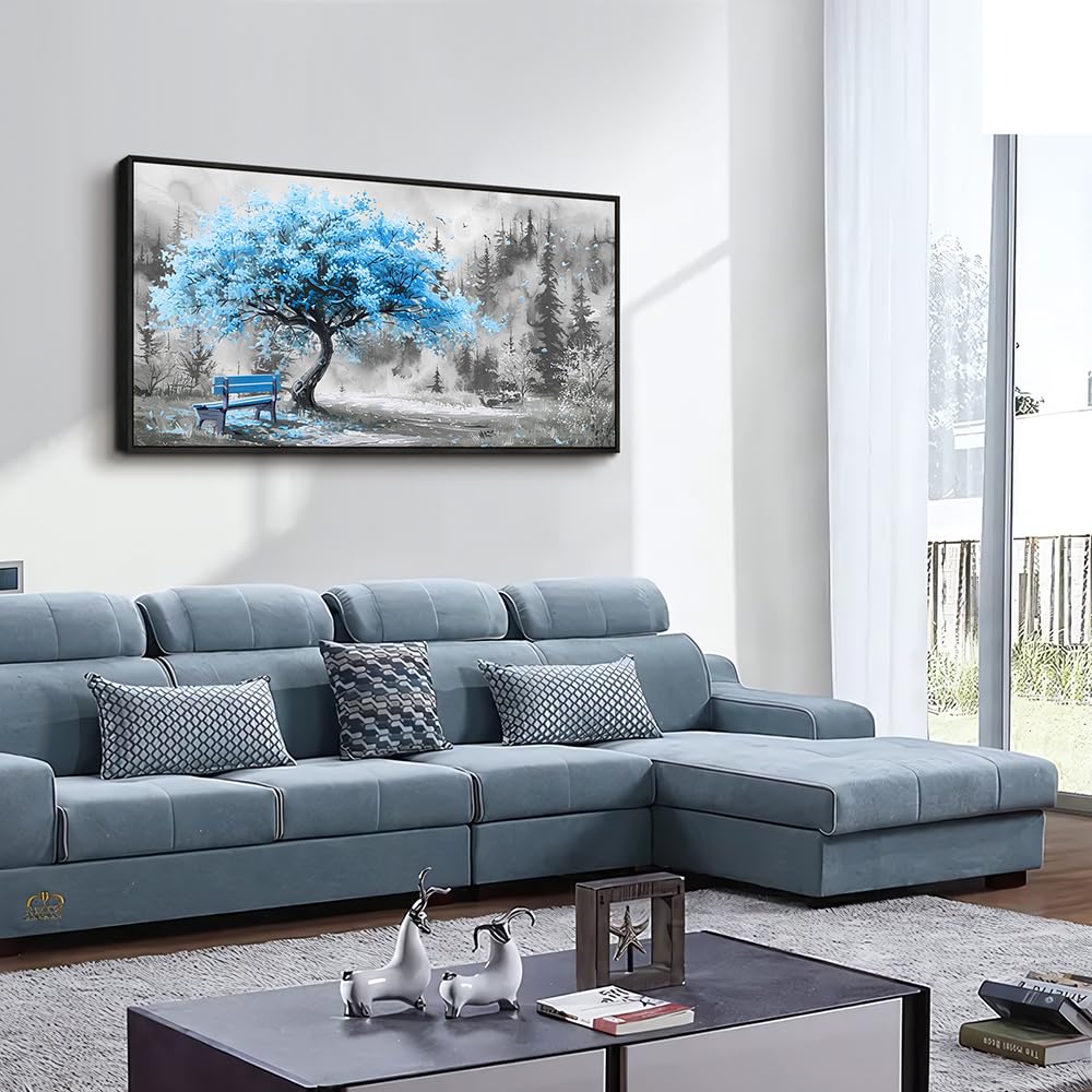 ZUITINGHUA Black Framed Canvas Wall Art For Living Room Wall Decor For Bedroom Office Wall Decoration Blue Tree Landscape Painting Black And White Picture Artwork Room Aesthetic Home Decor 20x40 In