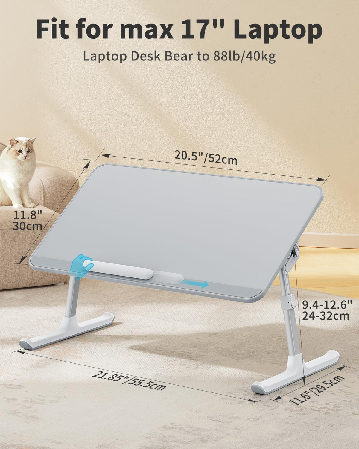 SAIJI Leather Lap Desk Laptop Bed Tray Table, Adjustable Laptop Stand for Bed, Portable Lightweight Standing Desk for Writing Eating Reading Couch Sofa Floor for Adults Kids (20.5"*11.8",Gray)