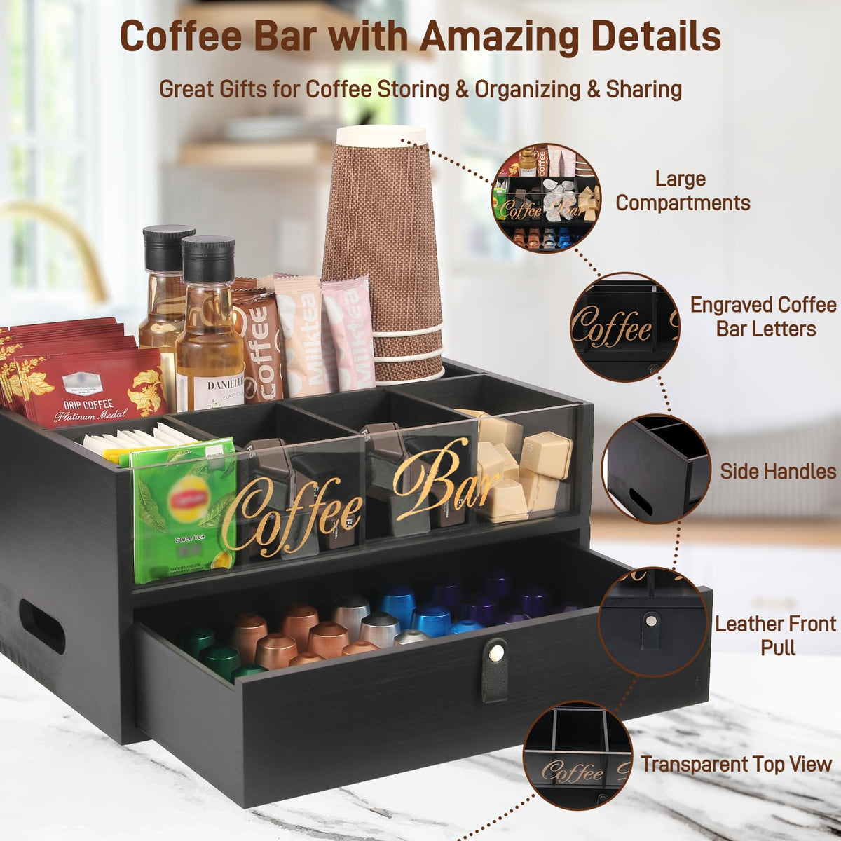 Intarsio 2-Tier Coffee Bar Organizer with Clear Acrylic Top, Built-in Drawer and Leather Handle Pull for Countertop, Stylish Coffee Station Storage Box for Accessories, Pods, Great Gifts for Home