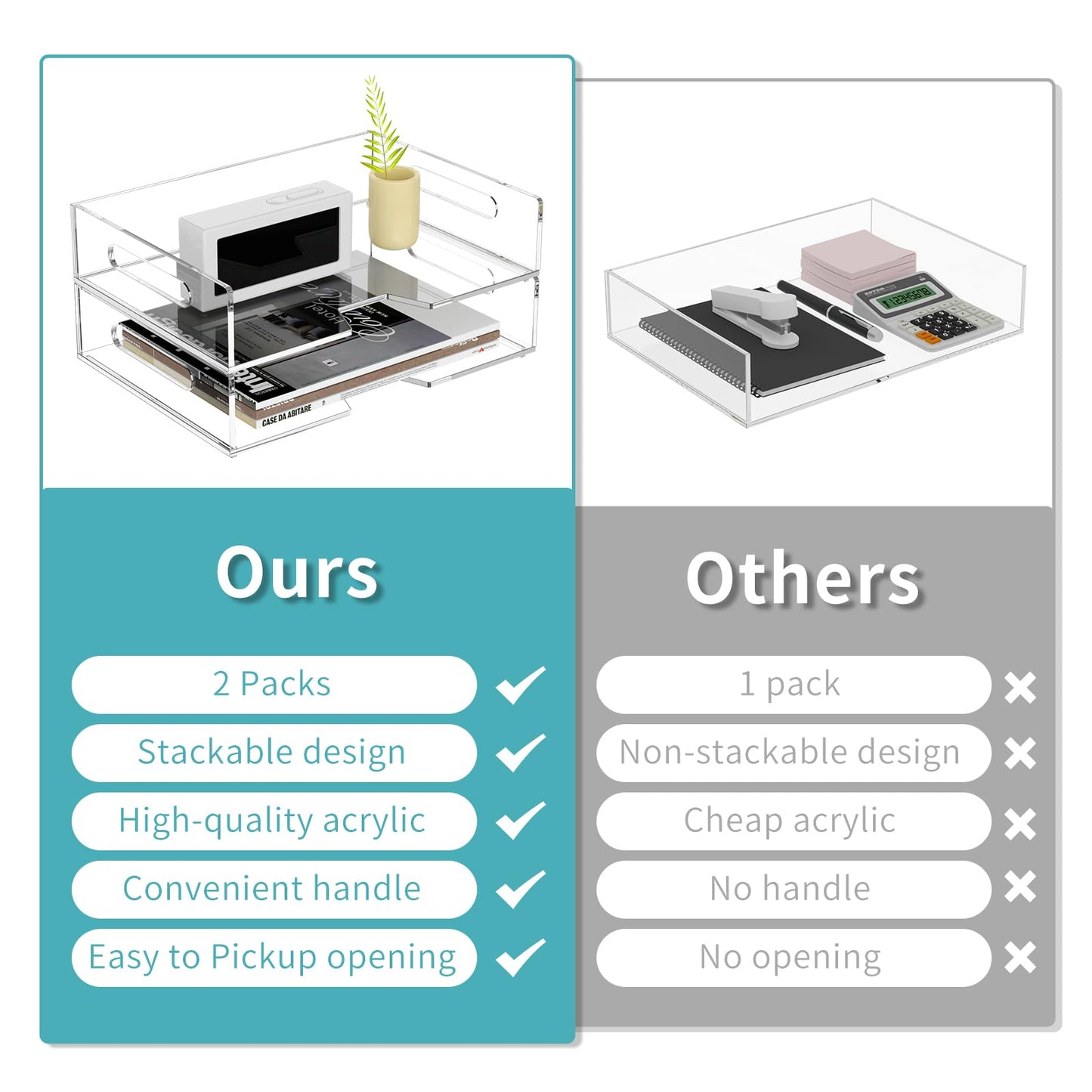 HIIMIEI Acrylic Paper Tray 2 Pack Clear Letter Tray Desk Stackable Organizer for School, Home, Office - Horizontal