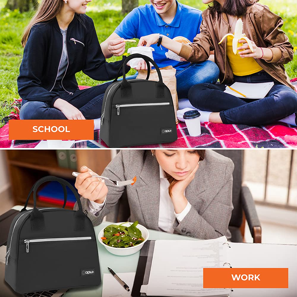 opux Insulated Lunch Box for Women, Reusable Lunch Bag Tote for Work, Girls, School, Soft Cooler Cute Lunchbox Thermal Meal Prep Organizer, Black