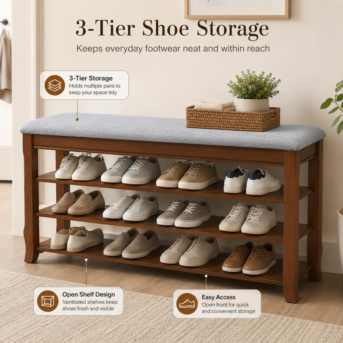Drogenble SolidWood Entryway Shoe Storage Bench, Flip-Top Soft-Close Lid, Adjustable Shelves, Cushioned Entryway Shoe Rack Organizer,Hallway, Closet, Foyer 39.4''
