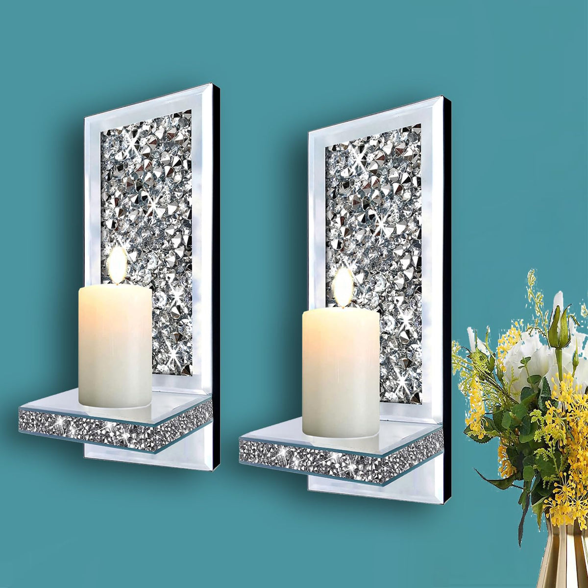 ZOLAPI Set of 2 Crystal Crush Diamond Candle Sconces, Gorgeous Silver Mirrored Wall Sconce, Candle Holder Glass Wall Decorations for Home Décor, Living Room, Dining Room. 1A