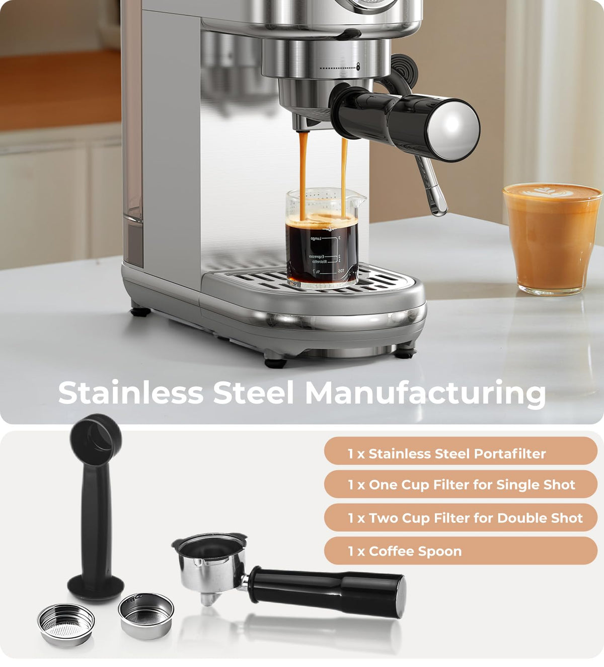 atatix Espresso Machine with Milk Frother, 20 Bar Pressure Espresso Maker, with 44OZ Removable Tank, Compact Stainless Steel Coffee Machine for Home, Office, Latte, Cappuccino, Macchiato, Silver