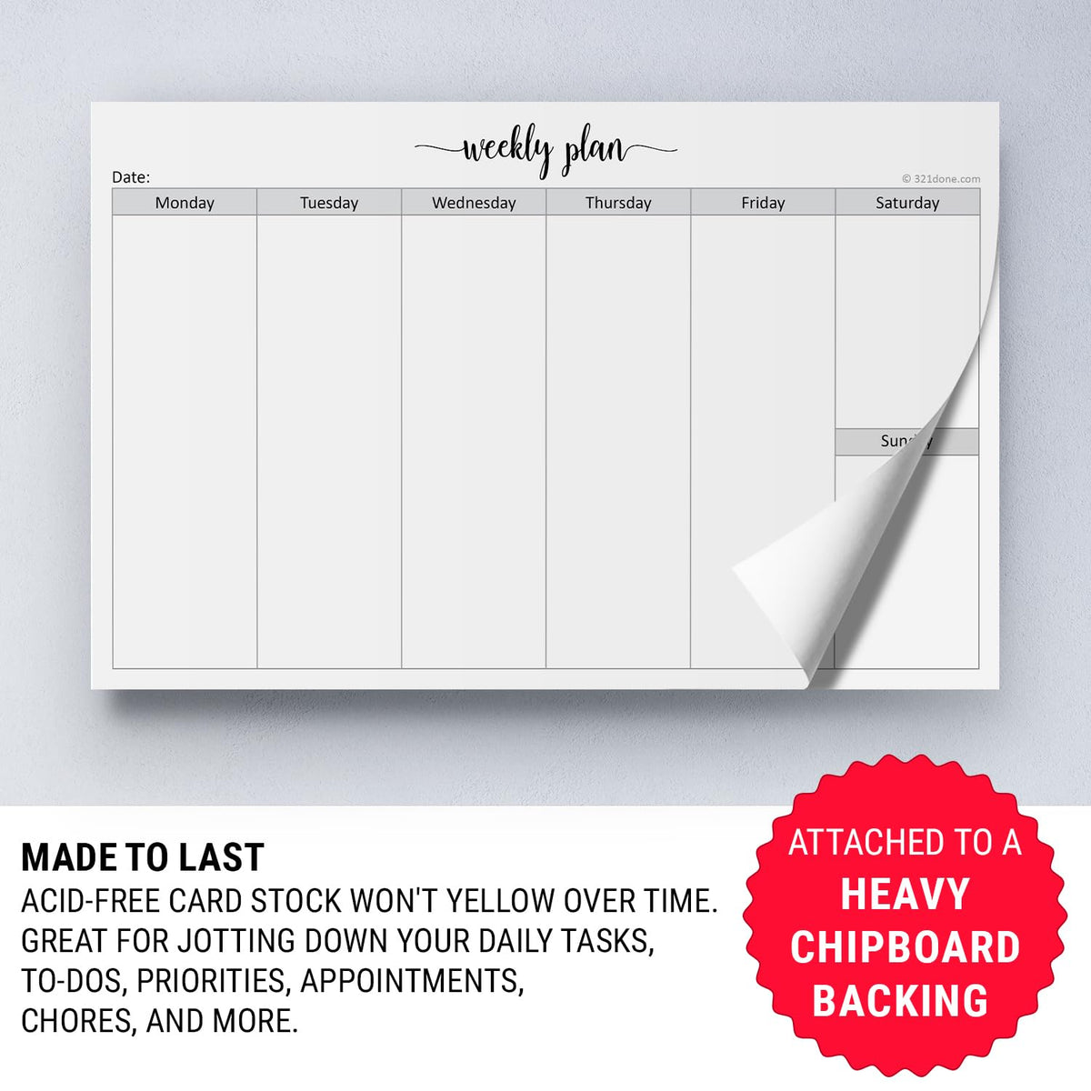 321Done Weekly Planning Notepad Landscape - 50 Sheets (8.5" x 5.5") - Horizontal Weekly Days of Week Paper Note Pad, Planner Organizing - Made in USA - Simple Script