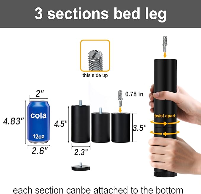 12 Inch Bed Legs Replacement for Adjustable Bed Base Frame, 3 in 1 Screw in Legs