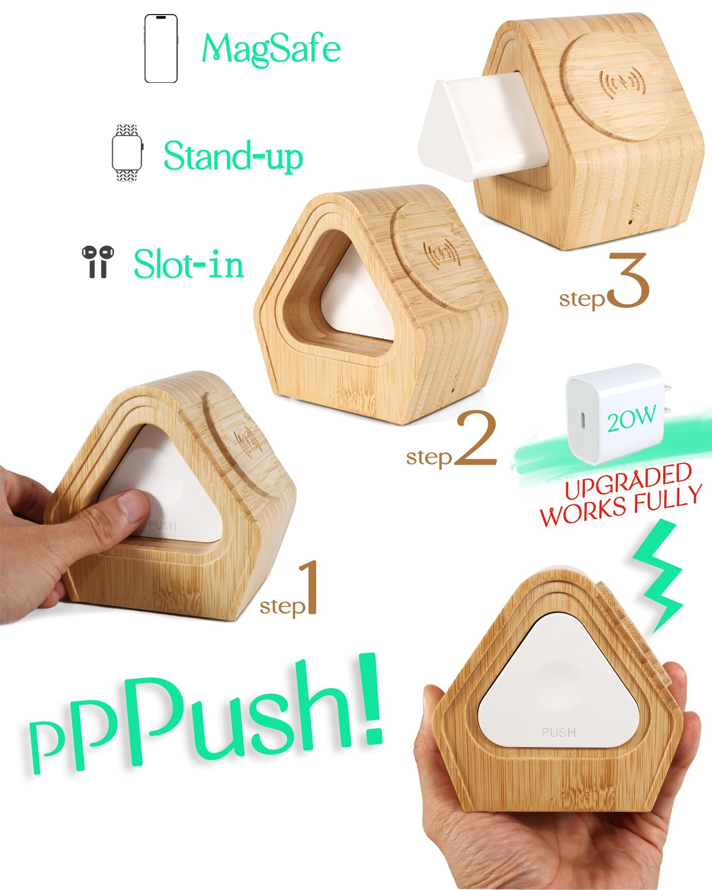 Bamboo Wireless Charging Station for Apple: 3-in-1 Charger Stand with Cabin Style for iPhone 17 16 15 14 13 12 Series,Watch 11-2, SE, Ultra, and AirPods 4-2, Pro, MagSafe Wireless Charger(20W Adapter)