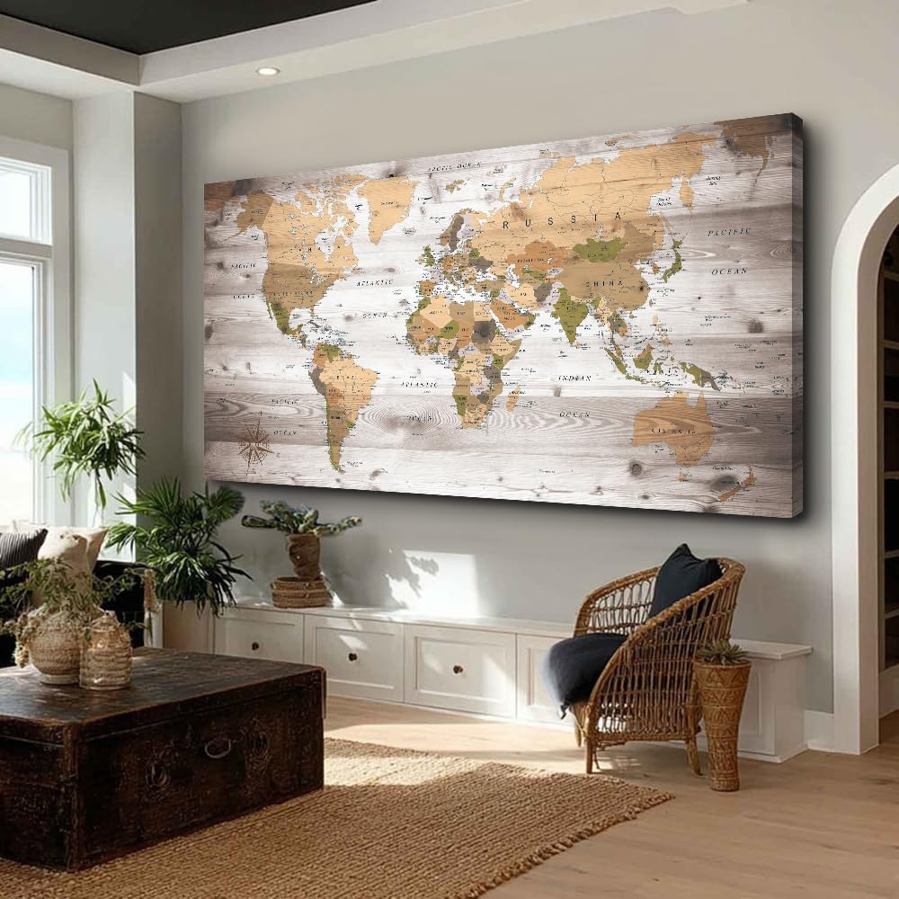 canvas Wall Art 20“x40 lagre map of the world Painting Ready to Hang Framed World Map Artwork Prints for Home