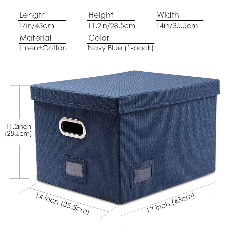 PRANDOM File Organizer Box - Set of 1 Collapsible Decorative Linen Filing Storage Hanging File Folders with Lids Office Cabinet Letter/Legal Size Navy Blue (17x14x11.2 inch)