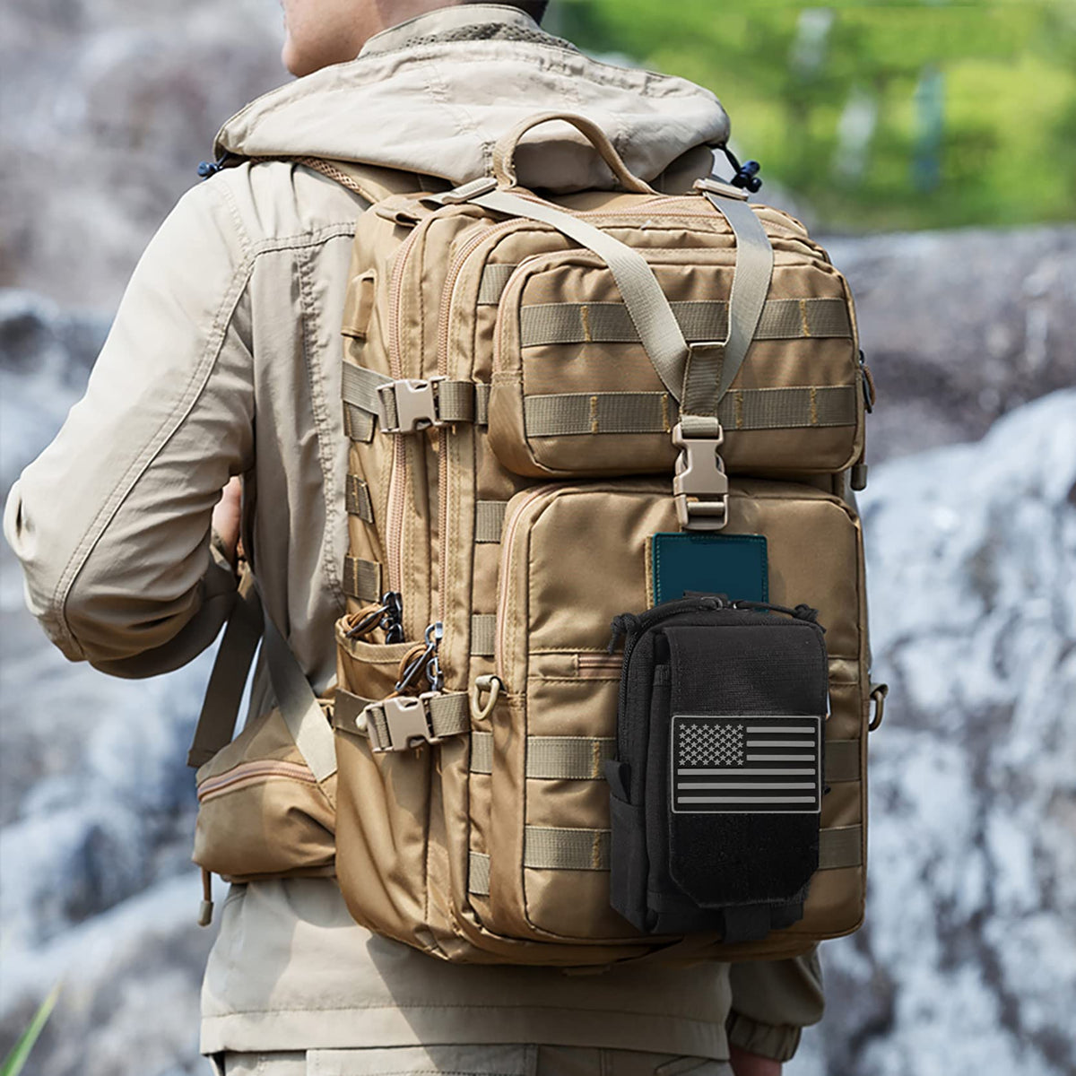 Molle Utility Pouch EDC Cell Phone Pouch for Vests, Tactical Waist Bag for Men Gadget Organizer Pack Purse Mobile Phone Case Hunting Compact Bag U.S.A Patch Carabiner Included, Black