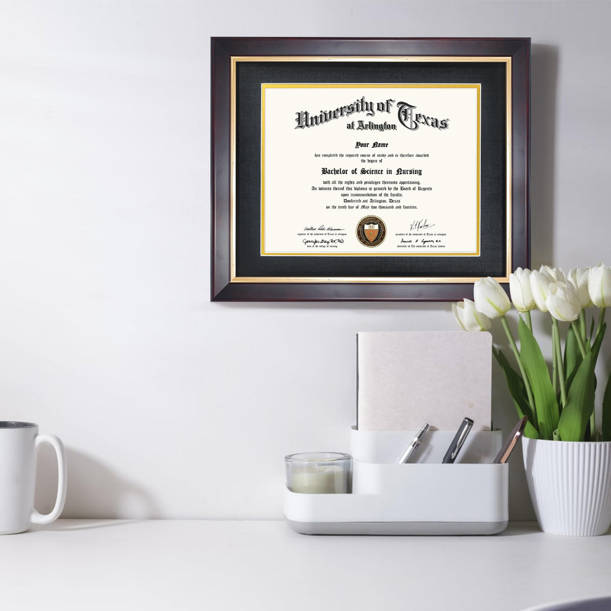 GMFrames 8.5x11 Wood Diploma Frame with Black Mat or Display 11x14 Certificates without Mat,Tempered Glass,Deep Brown Finish with Gold Trim
