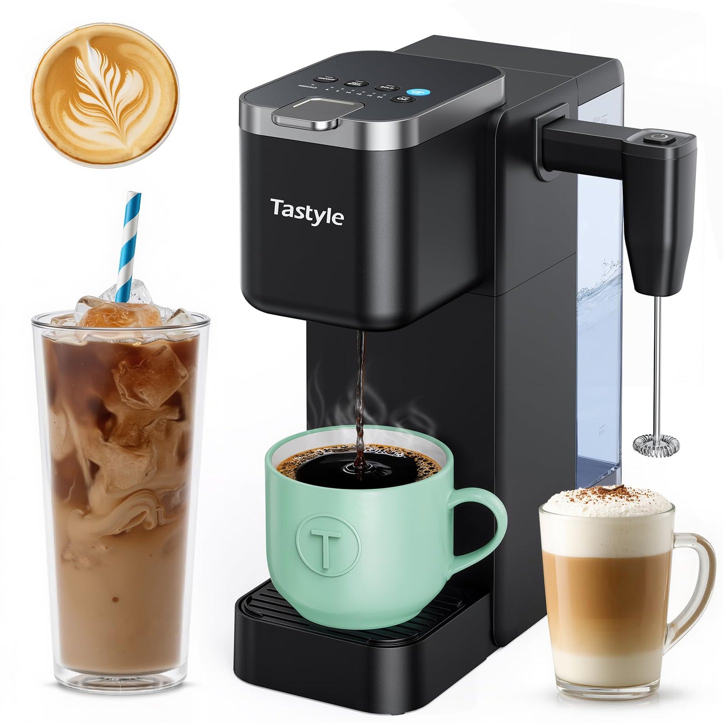 Tastyle Single Serve Coffee Maker with Built-in Detachable Milk Frother, Iced and Hot Coffee Machine for K Cup & Grounds, 40oz Removable Water Reservoir, 6 Cup Sizes, Fits 7.3" Travel Mug, Black