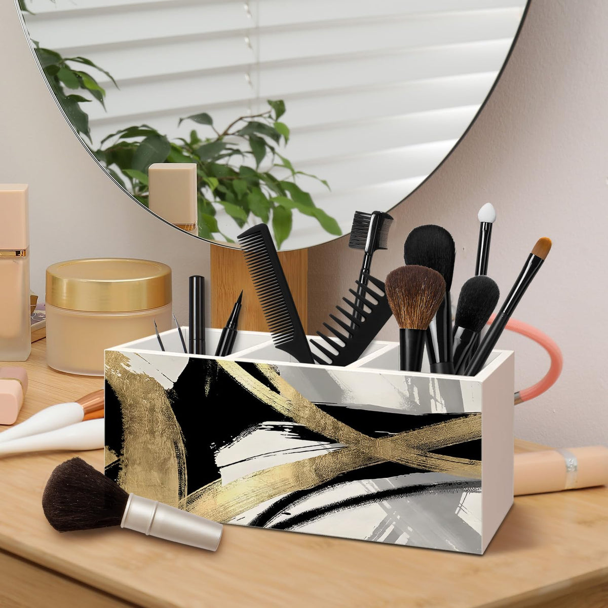 AQYIP Black White and Gold Pen Pencil Holder for Boho Modern Desk Decor, Abstract Black and Gold Mid Century Modern Wooden Box Decorative Sign for Home Office Desk Tabletop Decor