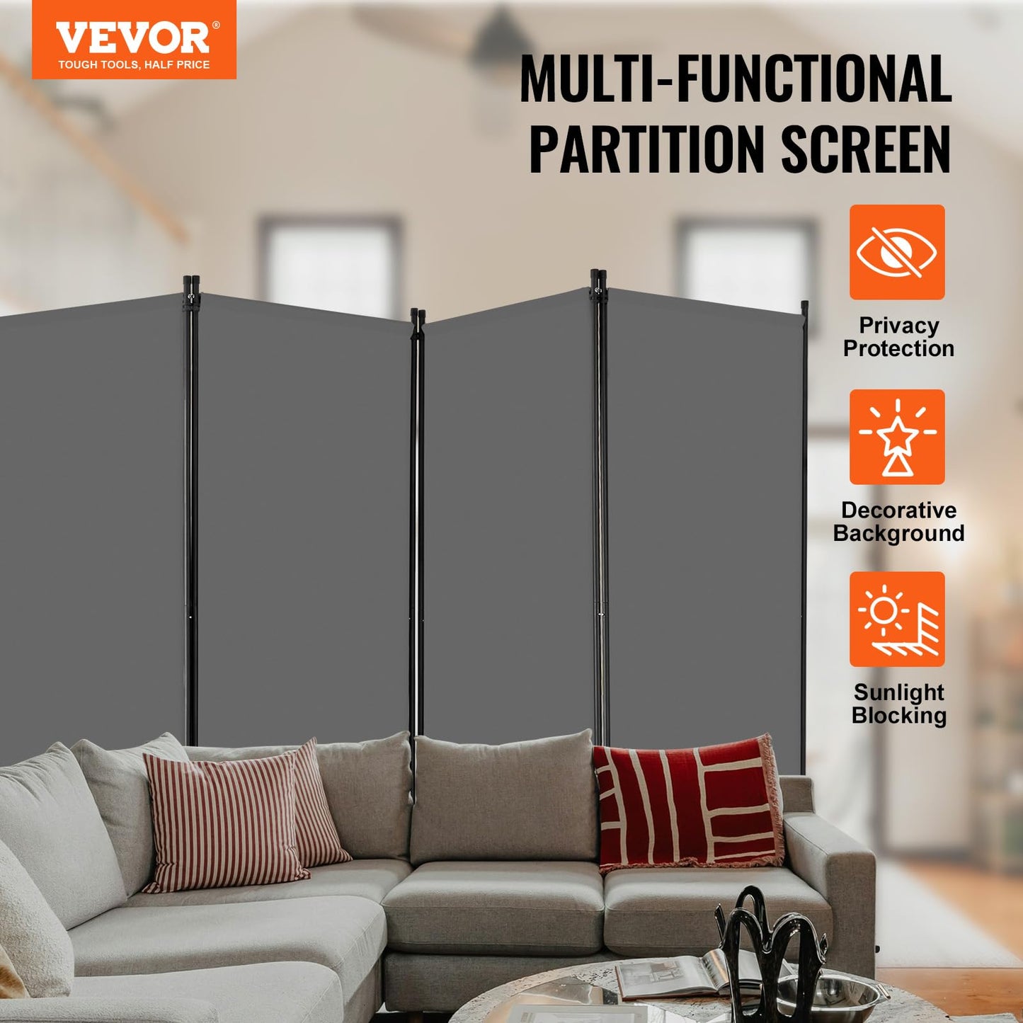 VEVOR Room Divider, 4 Panel Room Divider, 136" W Folding Privacy Screen and Portable Partition Divider for Room Separation, Freestanding Room Partitions for Office, Bedroom, Study, Grey