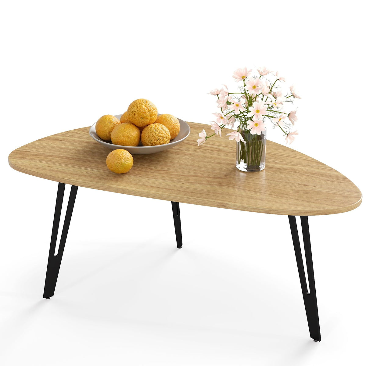 Manora Modern Mid Century Coffee Table, Oval Triangle Wood Center Table with Sturdy Metal Legs, Stylish Living Room Accent Table for Small Spaces