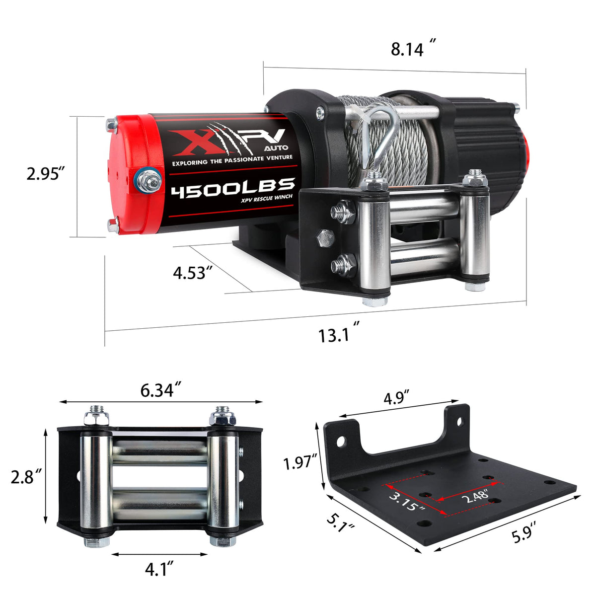 XPV AUTO 12V 4500LBS Steel Rope Electric Winch for Towing ATV/UTV Off Road with Wireless Remote Control Mounting Bracket IP67 Waterproof Electric Winch with 4-Way Roller Fairlead