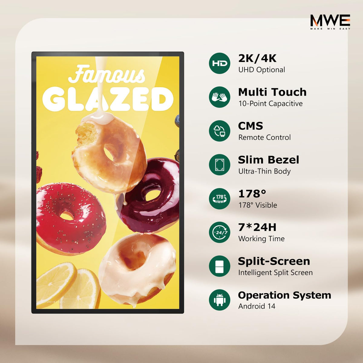 MWE 43 inch Wall Mount Digital Signage, FHD Touchscreen Monitor Android 14, Multi-Touch Screen Smart Split, Commercial Advertising Display, Time Switch, CMS Management, HD-MI/ USB/ WiFi/ for Windows