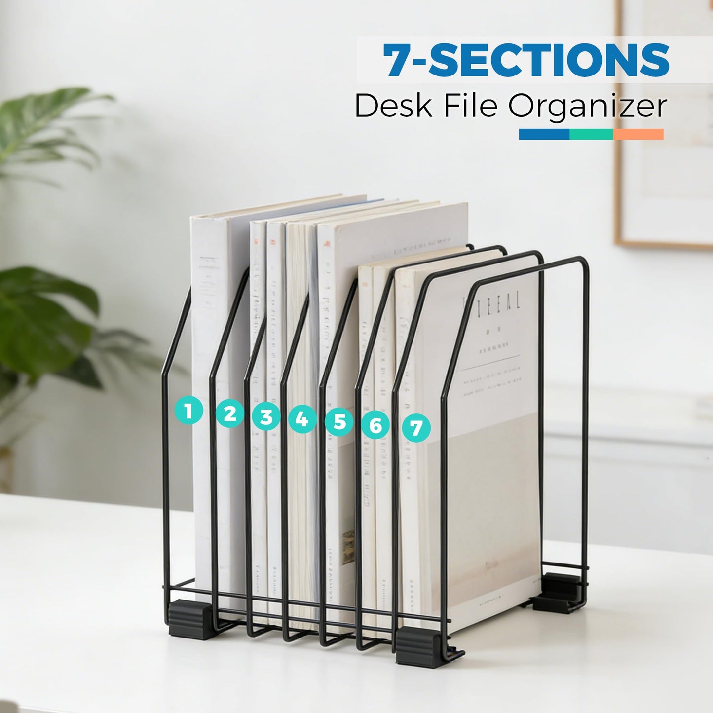 Gawerk File Organizer for Desk, 7-Section Vertical File Sorter, Paper Holder Organizer Standing Metal File Folder for Office Home Classroom, Black (2Pack)