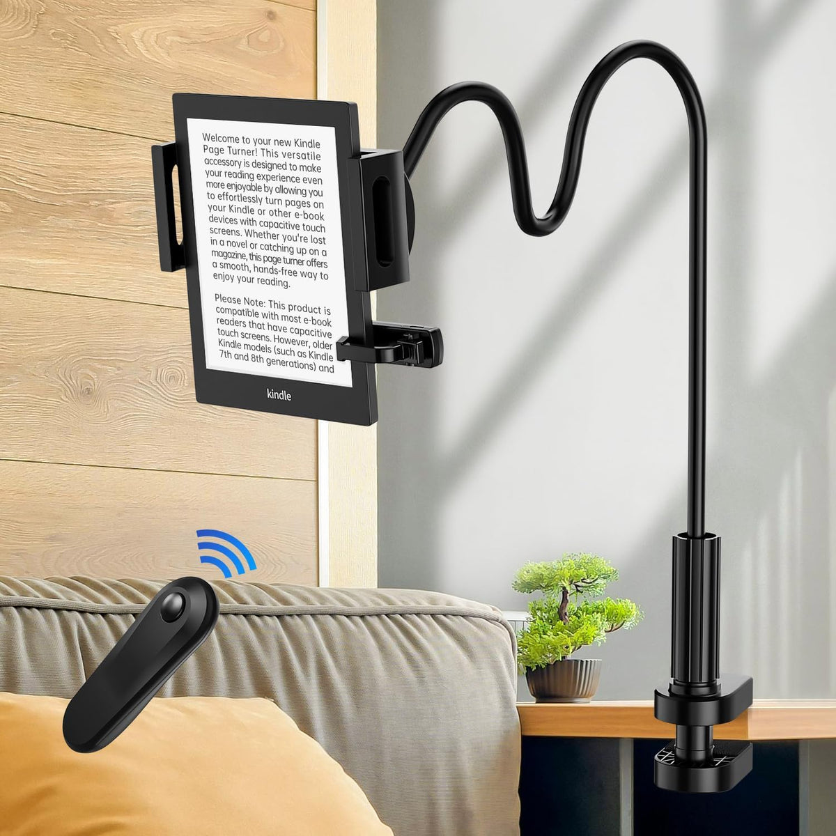 Bongogoo Kindle Holder with Remote Page Turner | Hands-Free Stand for Reading in Bed or Desk – Compatible with Kindle Paperwhite, Oasis, iPad, iPhone, and More | Fits Devices from 4.5” to 10”