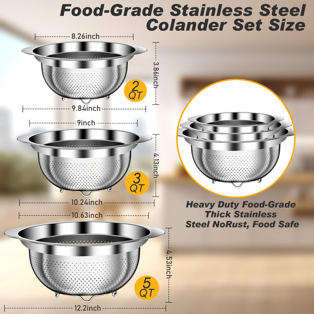 Colander, Stainless Steel Colander for Kitchen, 3Pcs Kitchen Gadget Food Strainer Basket with Handle, Kitchen Strainer Colanders Bowl for Pasta Noodles Spaghetti Vegetables Fruit (2QT, 3QT, 5QT)
