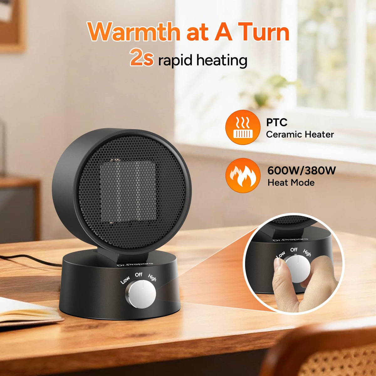 DR.PREPARE Small Space Heater for Indoor Use with Manual Tilt, 600W Electric Ceramic Heater, Portable Desk Heater for Office Bedroom, Fast Heating, Tip-Over & Overheat Protection, Mini Heater for Home