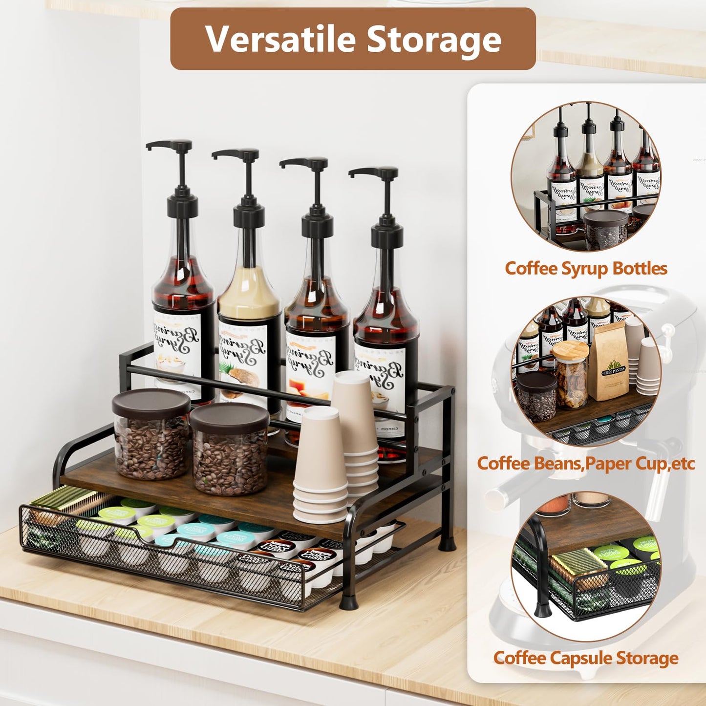PONEYA Coffee Syrup Rack Organizer, 3-Tier 8 Bottles Syrup Rack with 35 K Cup Storage Basket for Coffee Bar, Countertop Bottle Holder Stand for Wine, Dressing for Kitchen Cafe Station
