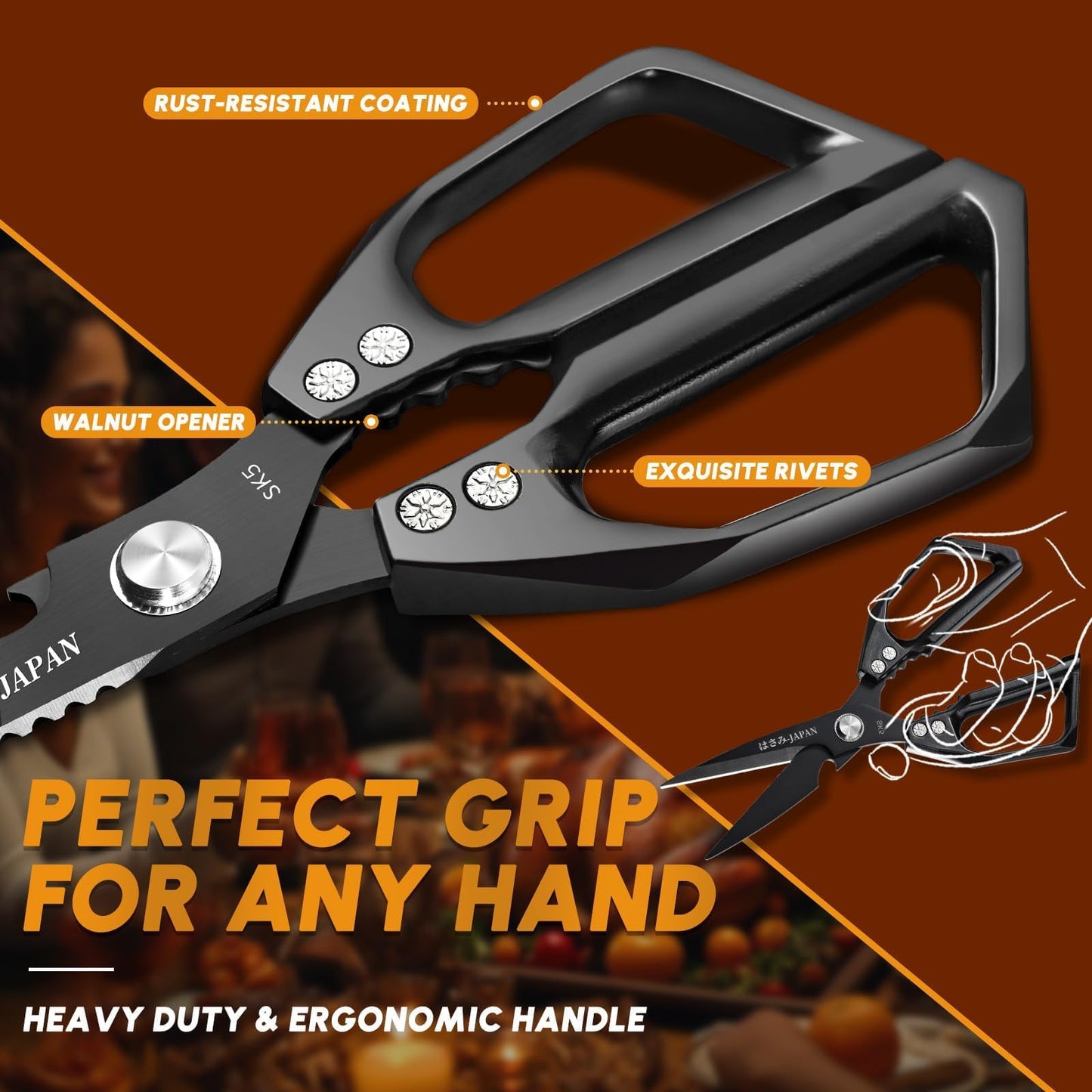 HUUSK Kitchen Scissors Set Black - Upgraded Stainless Steel Kitchen Shear, Sharp Meat Scissors, Heavy Duty Poultry Shears, Japanese Cooking Scissor for Food, Dishwasher Safe Christmas Gifts for Women