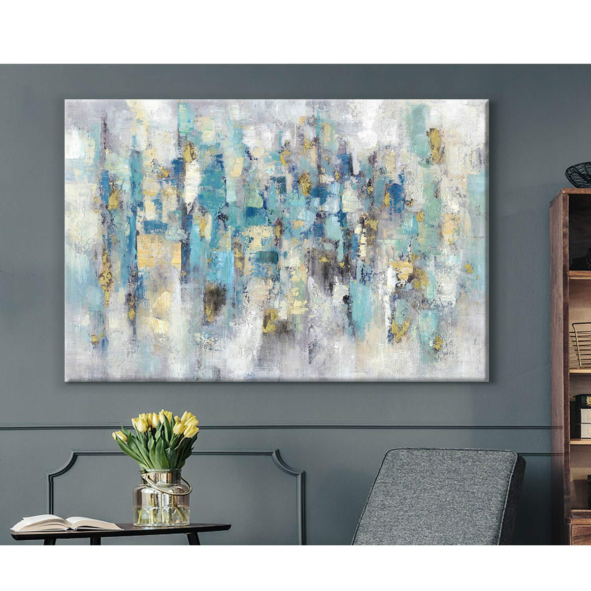 Abstract Modern Picture Wall Art: Blue Artwork Painting on Canvas for Office Living Room (45'' x 30'', Multiple Sizes)