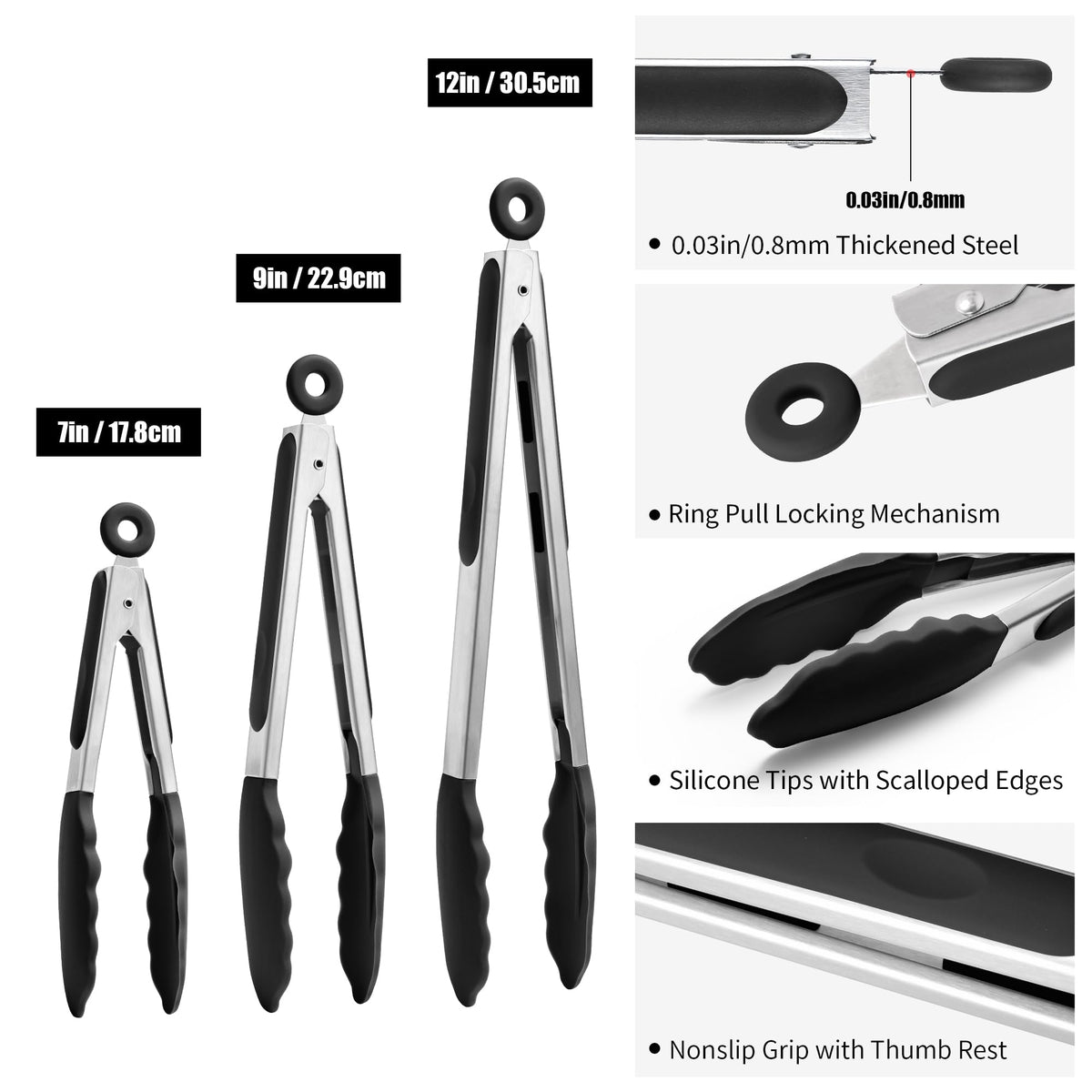 Doosu Kitchen Tongs for Cooking - 600°F Heat Resistant Food Tong Set with Non-Scratch Silicone Tips, Heavy Duty Stainless Steel Locking Tong for BBQ, Grilling Steak, Serving Salad (7+9+12in, Black)