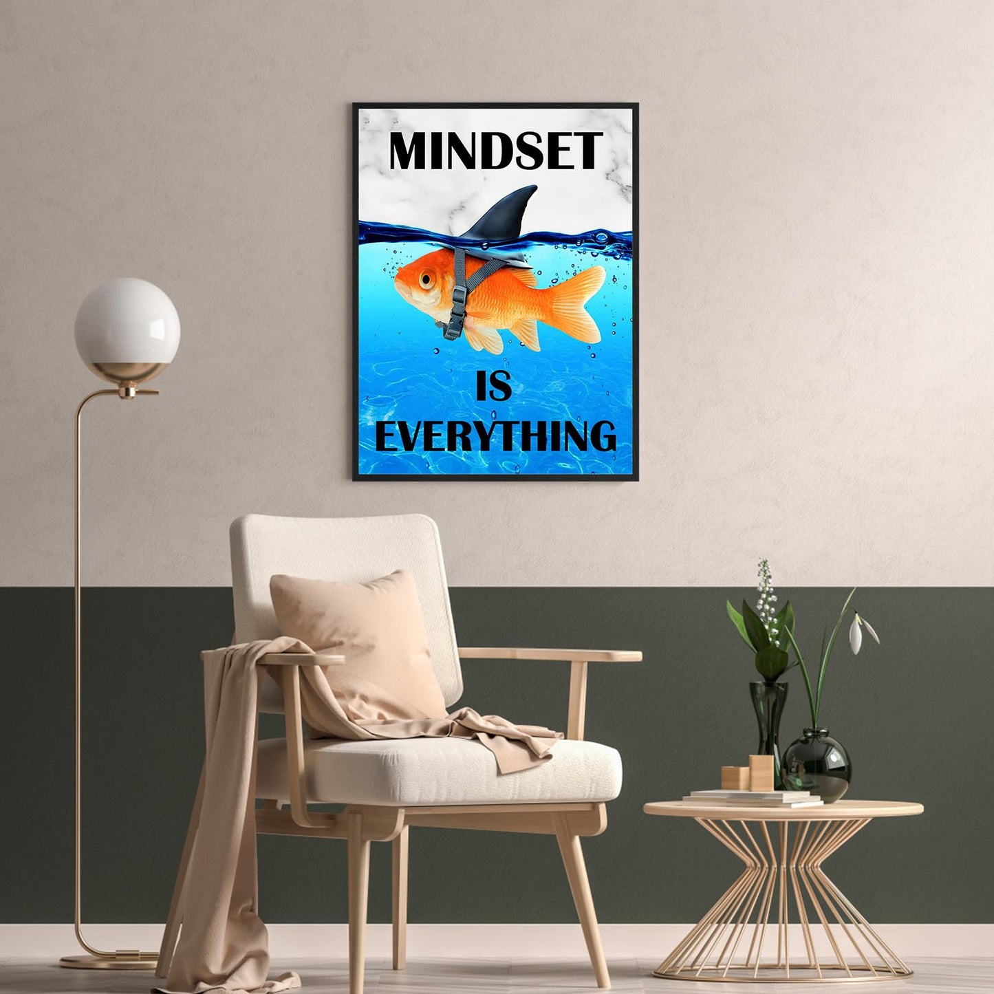 Mindset Is Everything Wall Art:Motivational Wall Decor for Office,Goldfish Prints Posters Inspirational Wall Art Framed,Uplifting Self Improvement Positive Quote Home Office Wall Art 12"x15"