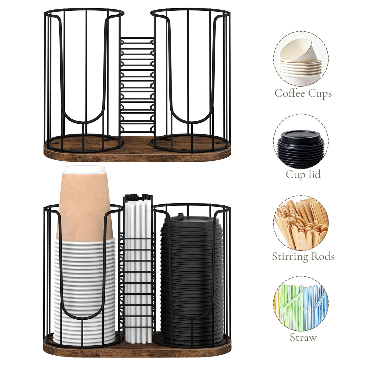 BCOZLUX Coffee Cup Holder 18oz 3-Compartment Paper Cup Dispenser Rack with Wood Base - Disposable Cup, Straw & Lid Organizer 3-in-1 Storage for Countertop, Coffee Bar, Kitchen, Office