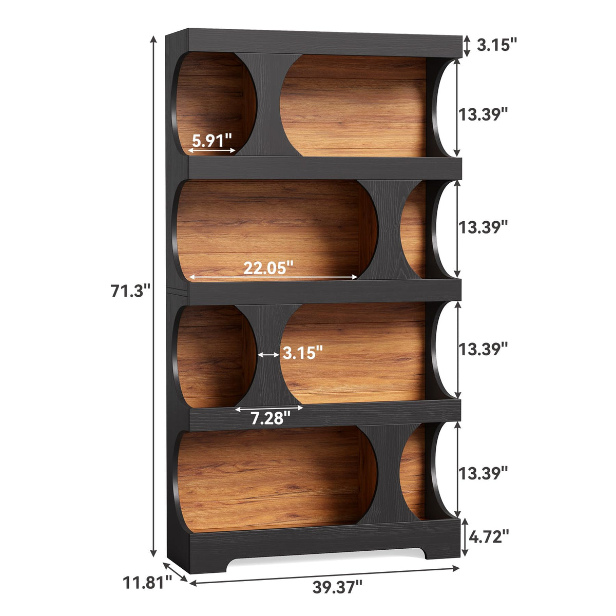 LITTLE TREE 4-Tier Large Bookshelf, 70.8-Inch Tall Bookcase with Storage Shelves, All Wooden Modern Display Rack, Black Open Book Shelf for Living Room, Bedroom, Office