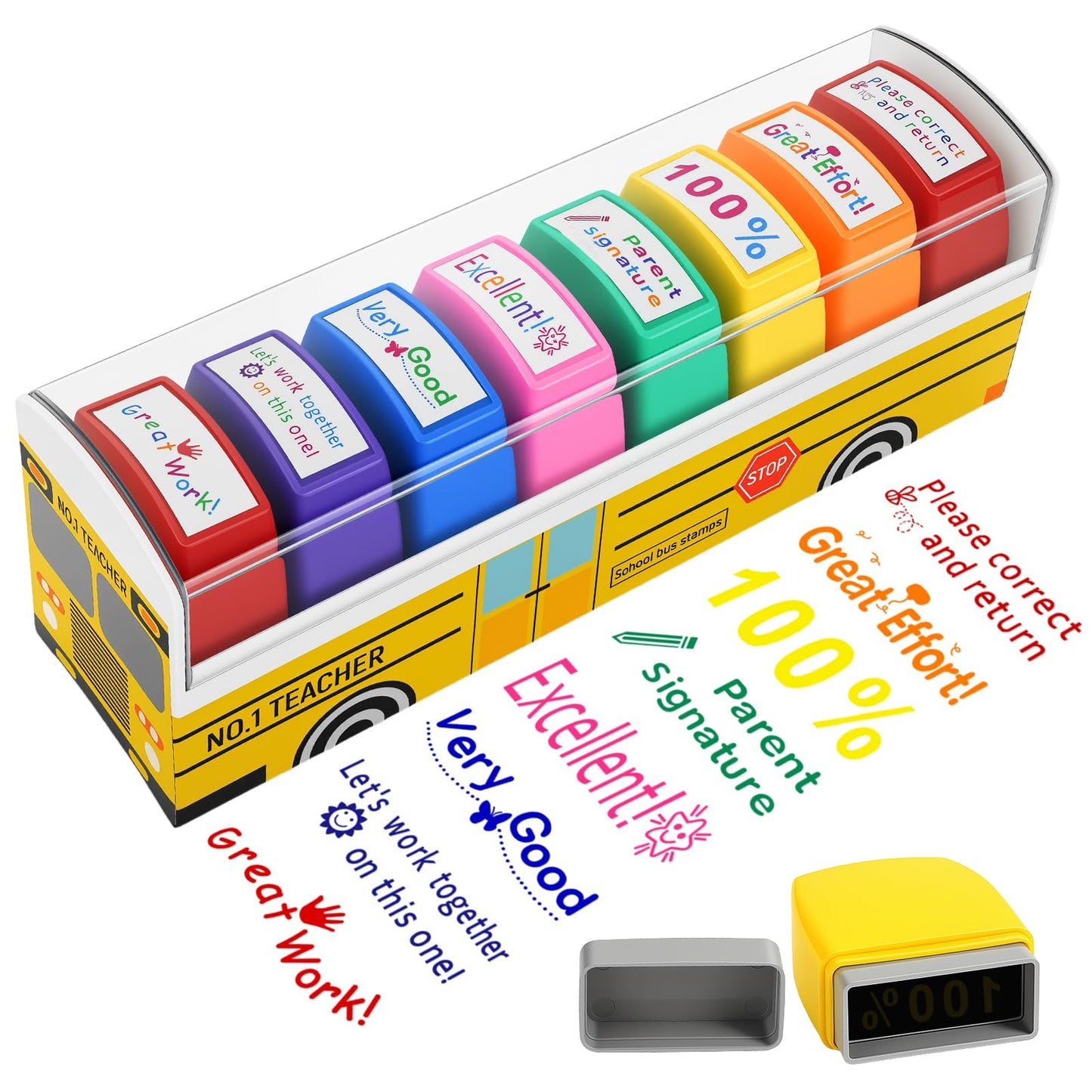 Teacher Stamps for Grading Classroom, New Teacher Appreciation Gifts, Self-Inking Motivation Great Job Parent Signature Stamp for Homework Must Haves, Teacher Supplies (8 pcs)
