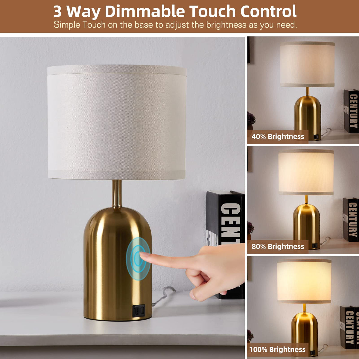 GyroVu Touch Control Table Lamps Set of 2, Gold Bedside Table Lamps for Bedroom Living Room Office, Modern Dimmable Desk Lamp for Nightstand with 2 USB Charging Ports, 2 Bulbs Included