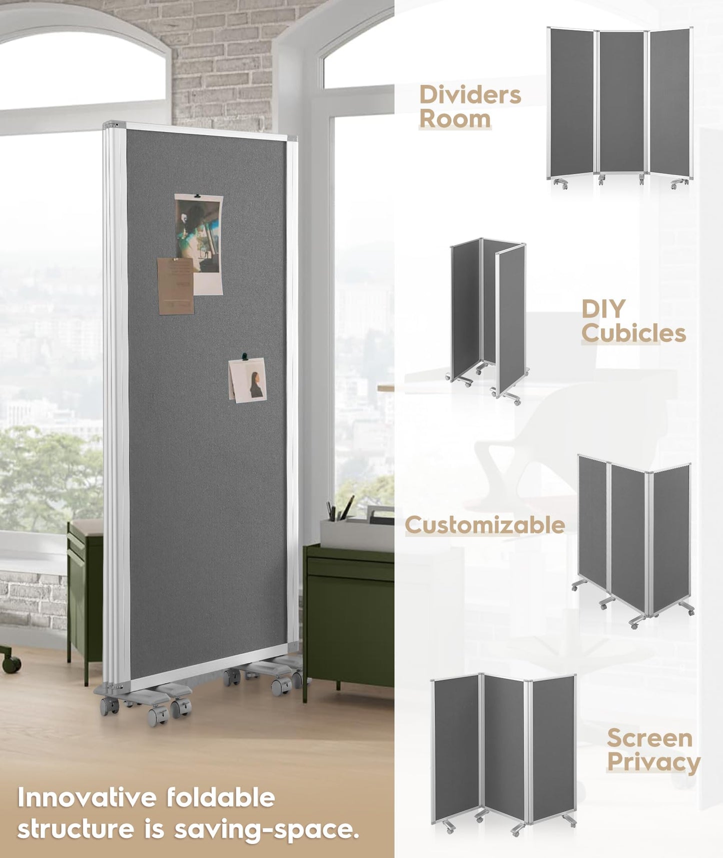 SWANCROWN Folding Office Partition 3-Panel Room Divider 71x71 in, Sliding Privacy Screen Portable Temporary Wall for Cubicle, Studio & Home Office, Soundproof Grey Felt