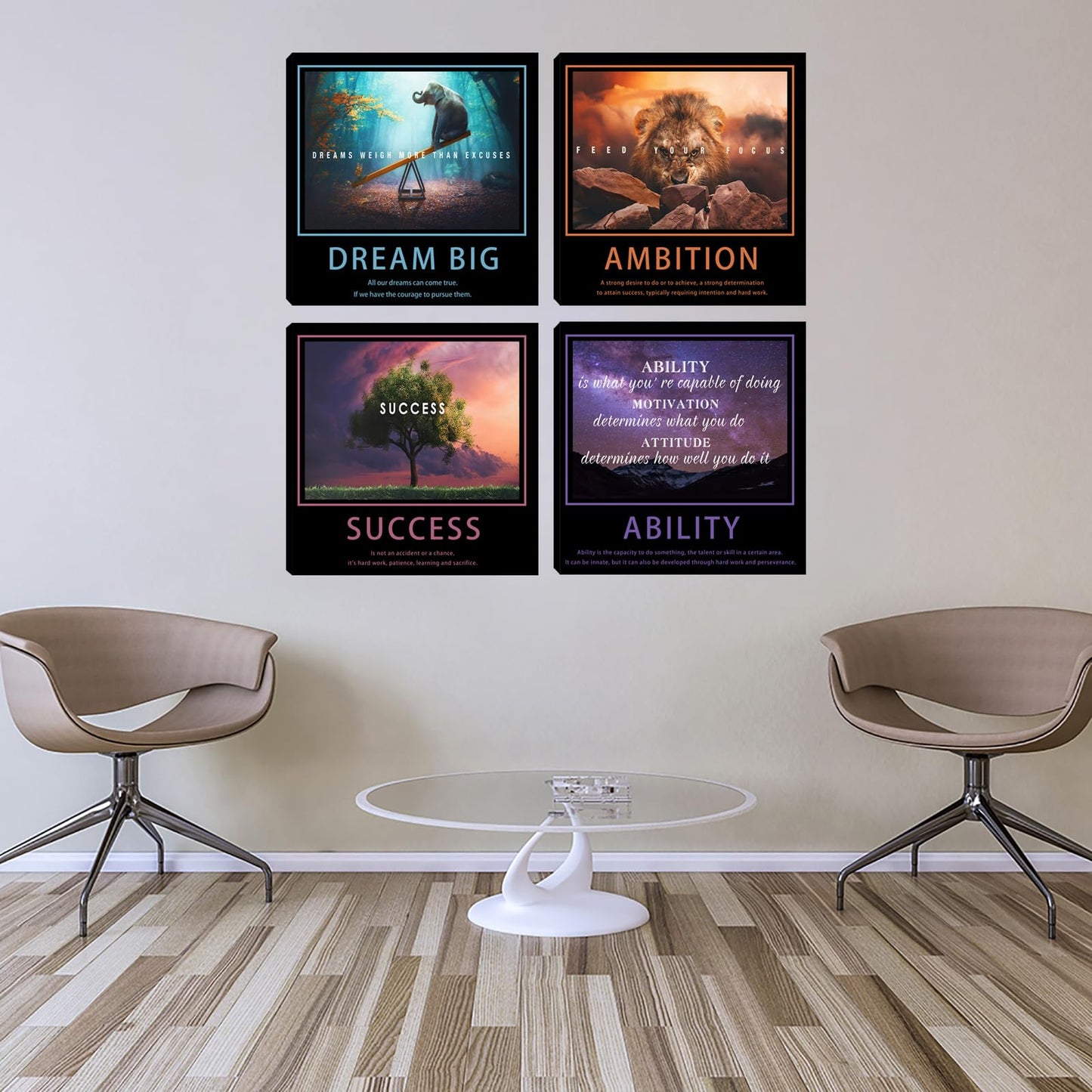 Motivational Wall Decor Art Office Wall Decor Inspirational Wall Art Success Canvas Paintings Quotes Posters Wall Picture 4 Pieces Framed Artwork Living Room Bedroom Home Decoration 20"x20"x4pcs