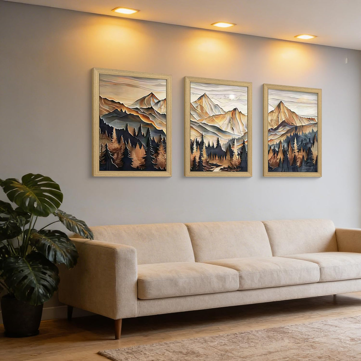 Framed 3D Texture Mountain View Canvas Wall Art Landscape Oil Painting Nature Poster Gallery Relief Technology Artwork Forest Scenery Wall Decor Painting Living Office 16x24inchX3 Ready to Hang