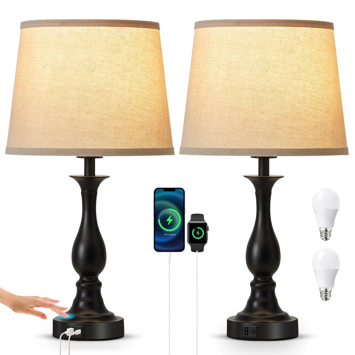 Bedside Table Lamp Touch Control Bedroom Lamps with USB A and C Charging Port 3 Way Dimmable Touch Lamps for Nightstand Living Room Bedroom Dorm Home Office Reading, Set of 2