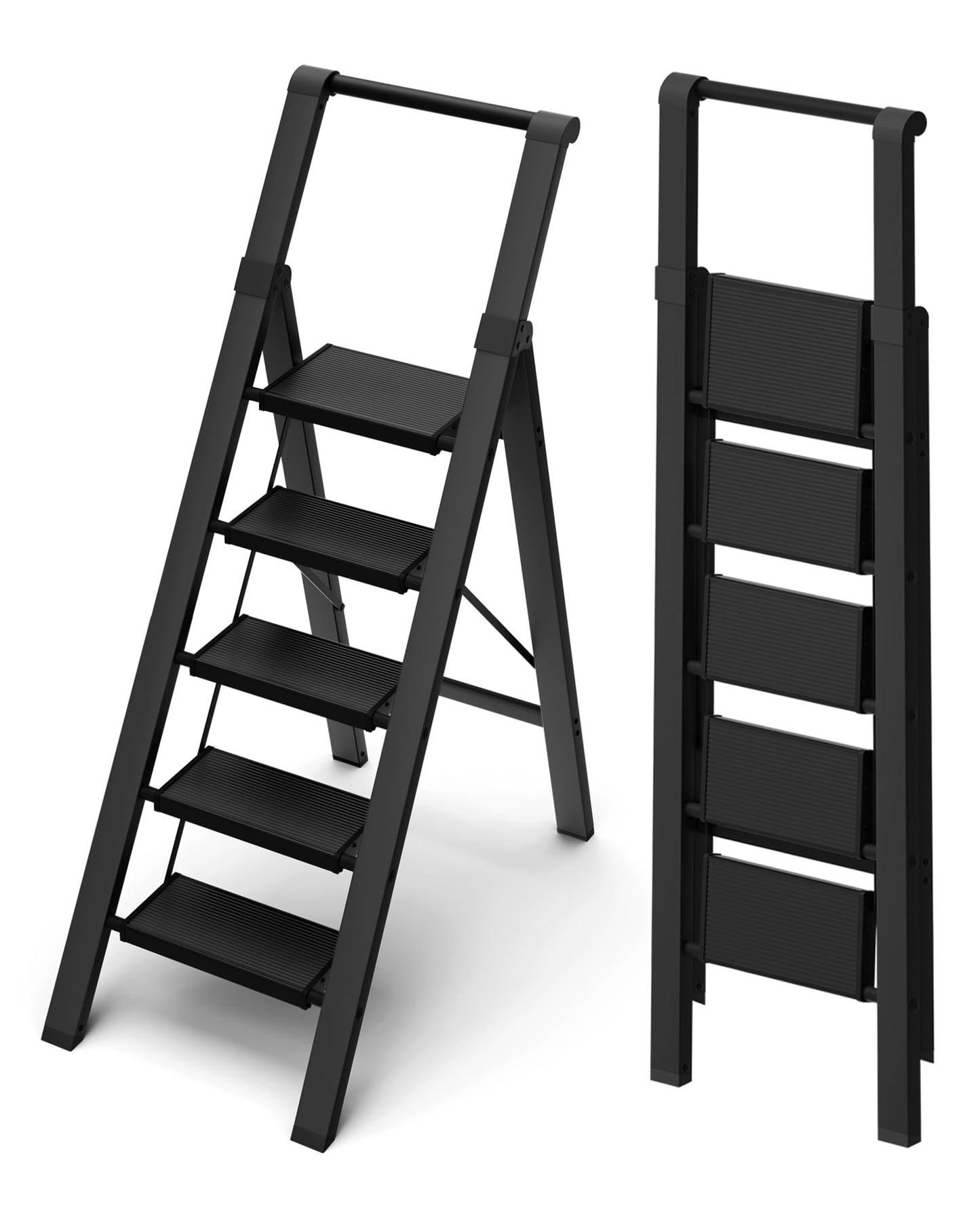 BEFITMACE 5 Step Ladder, Lightweight Folding Step Stool withConvenient Handgrip,Aluminum 330lbs Capacity Step Ladderfor Office,Household,Kitchen(Black)