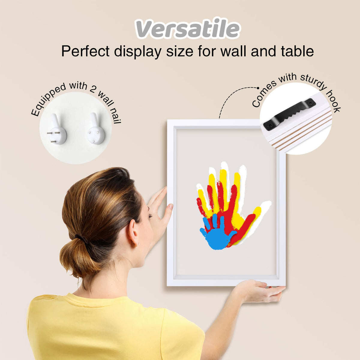 Omrhvi Family Handprint Kit, Hand Prints Keepsake Frame, DIY Craft Gift for New Parents & Mom & Baby, Grandparents, Mother's Day, Father's Day, Adoption Day, Anniversary, 6 Non -Toxic Paints (White)